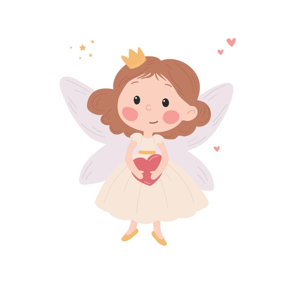 Cute fairy princess with heart and wings Illustration on a white background vector