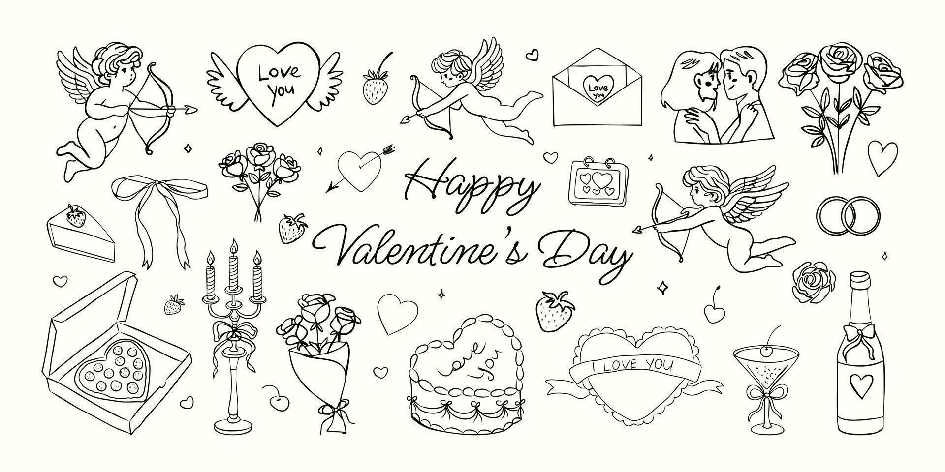 A black and white drawing of Valentine's Day with many different symbols and images. The drawing is of a woman and a man holding hands, and there are many other symbols of love and romance vector