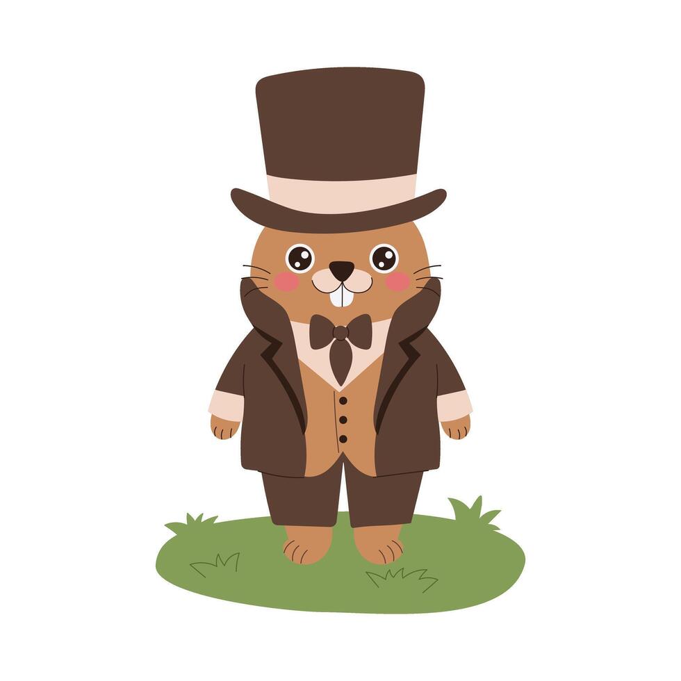 A cartoon groundhog character wearing a top hat and a suit. The character is smiling and has a cute expression vector