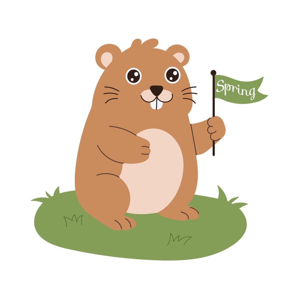 A cartoon groundhog holding a flag that says Spring. The animal is smiling and he is happy vector