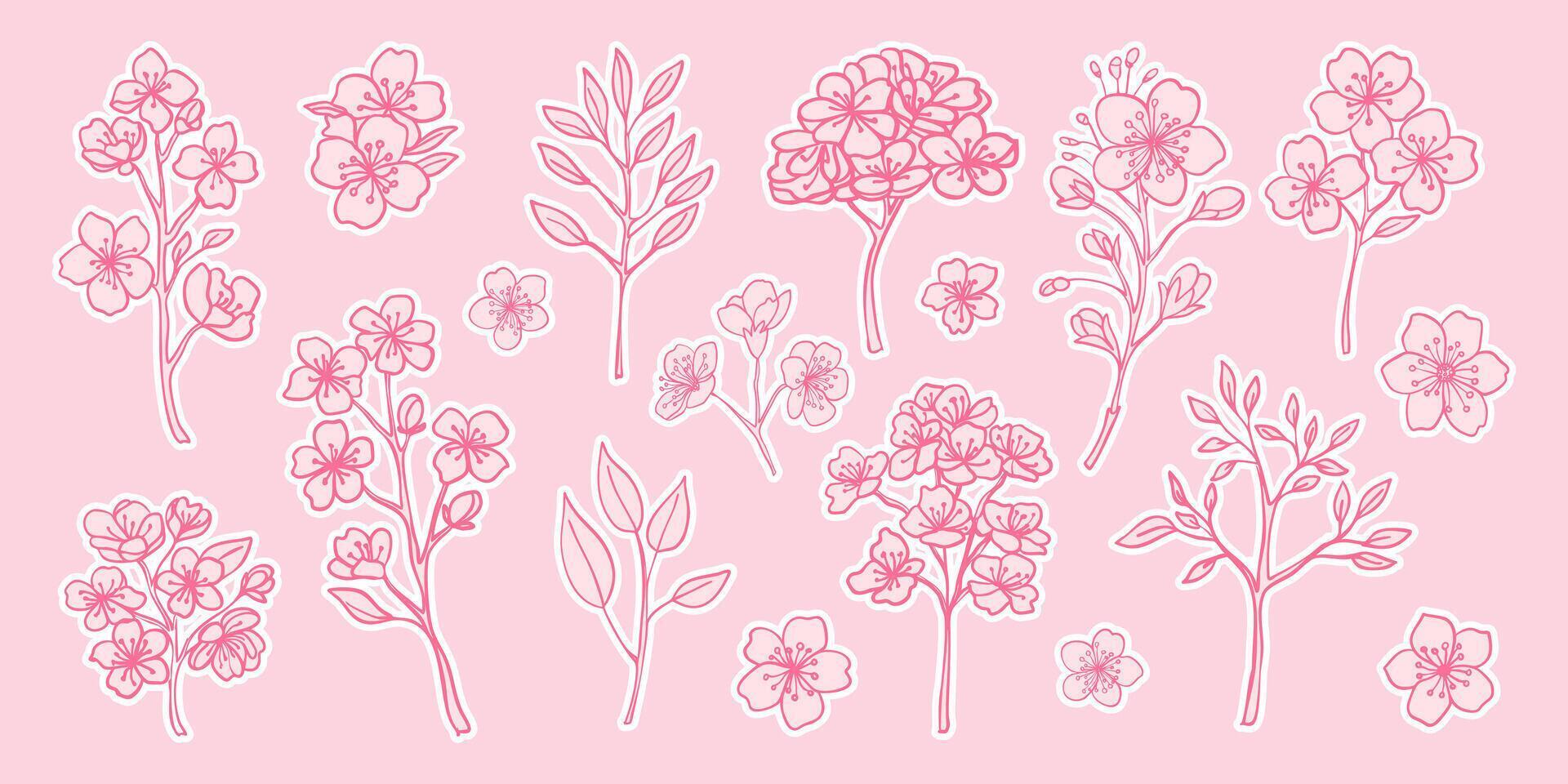 A collection of pink flowers and leaves. The flowers are drawn in various sizes and styles, with some appearing to be more delicate than others. Scene is one of beauty and serenity, with the flowers vector