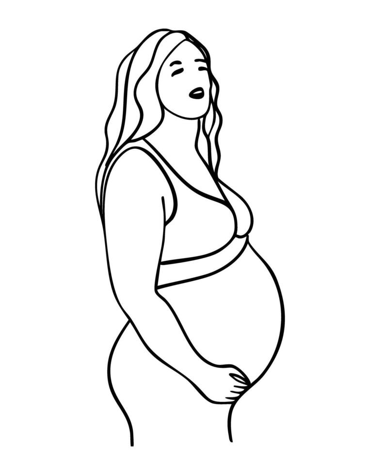 A woman is pregnant and is holding her stomach. She is wearing a tank top and is looking at the camera vector