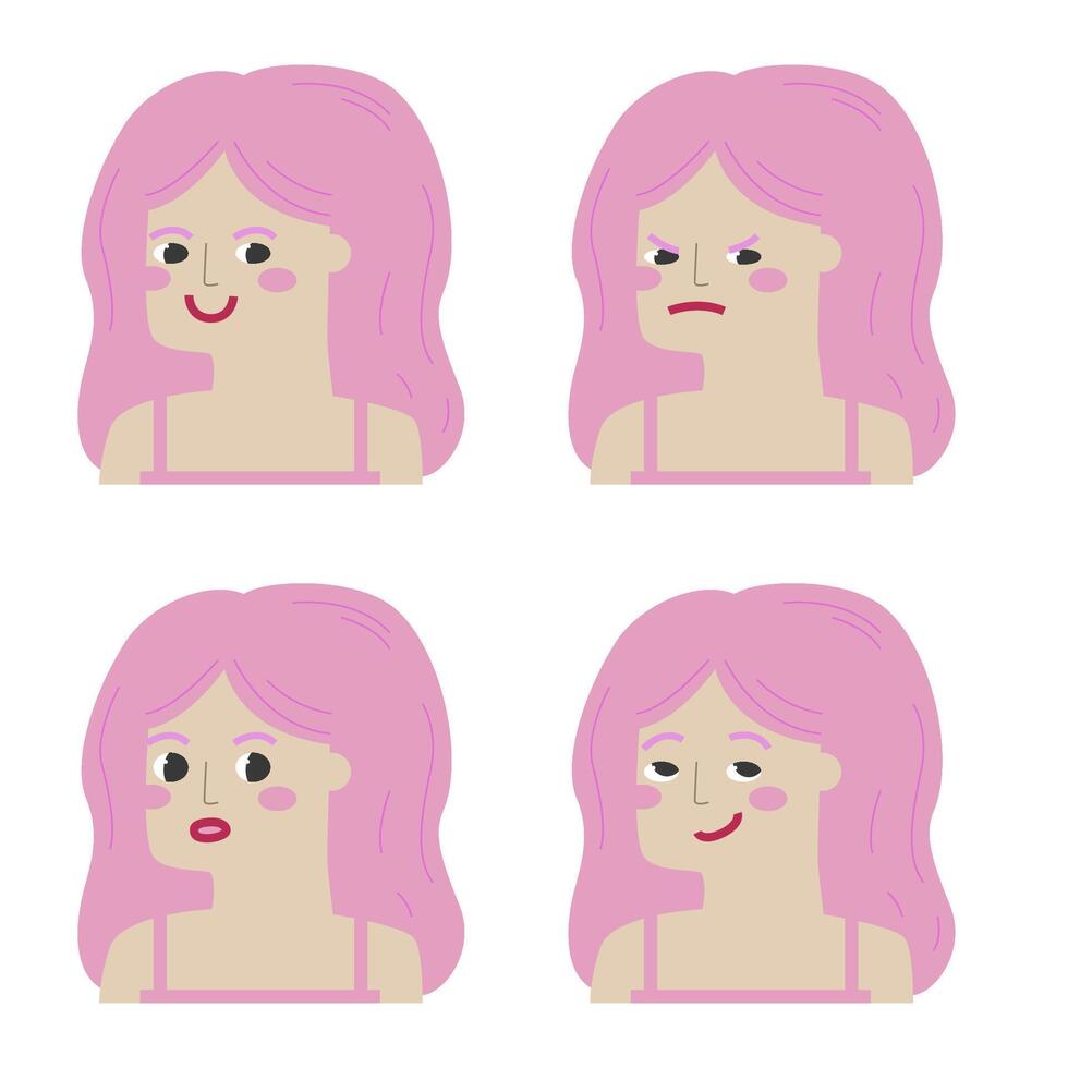 Emotion girl with pink hair. Emotion illustration. Cartoon vector