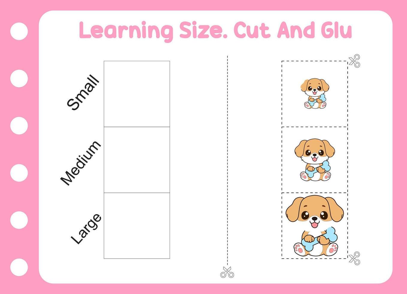 learning size , cut and glue dog . kids education and play vector
