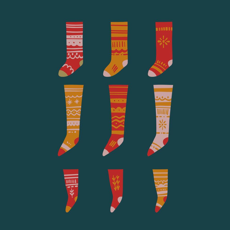 Christmas socks in vibrant colors and christmas ornament. The design is playful and cozy, perfect for seasonal decorations or greeting cards. vector