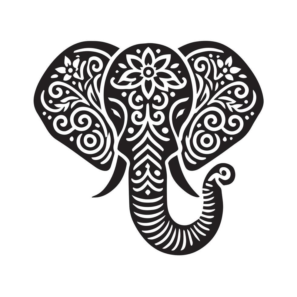 A stylized, black and white graphic of an elephant, decorated with floral and paisley-like patterns. vector