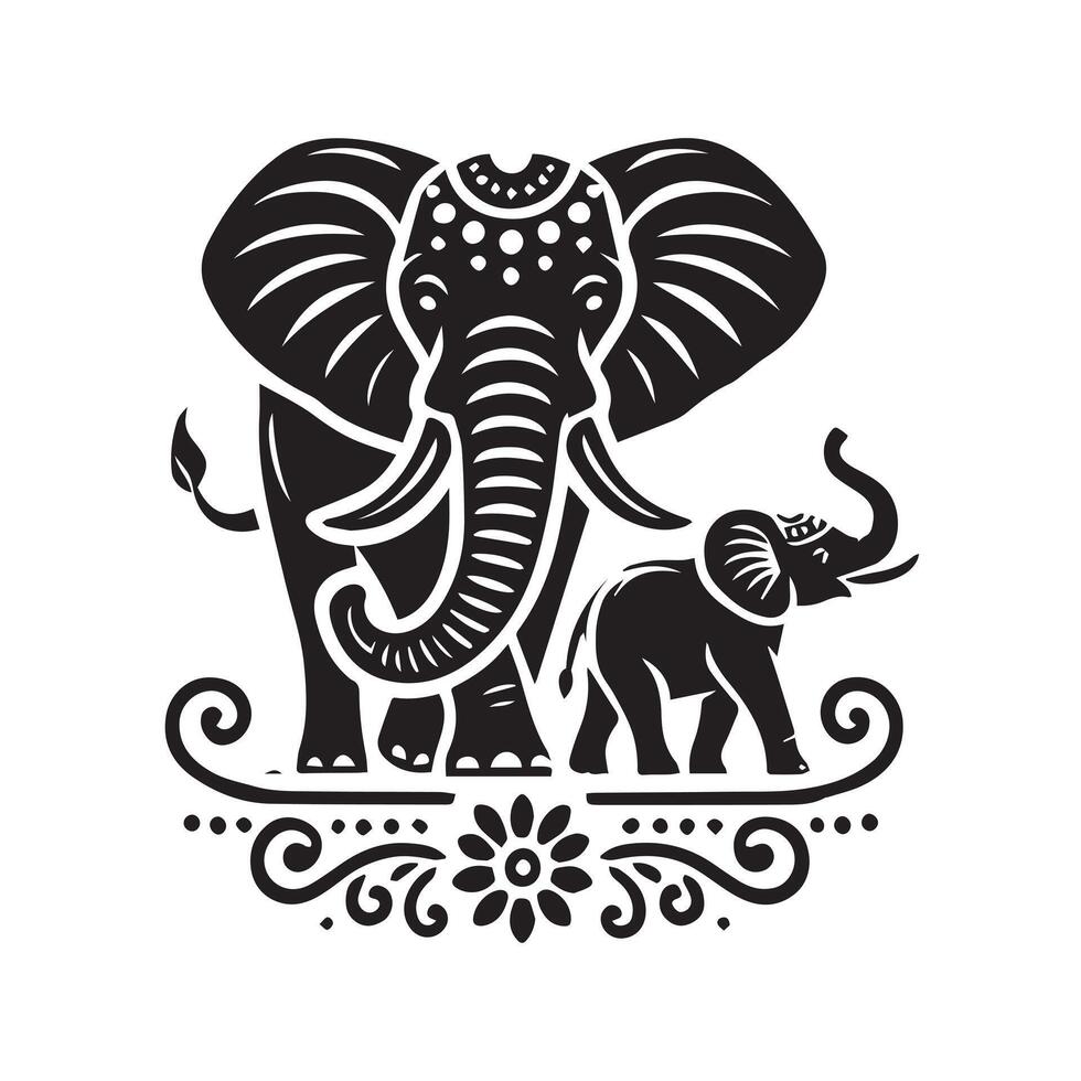 black and white illustration of an elephant adorned with intricate Indian-inspired patterns and floral mandala-style decorations. vector
