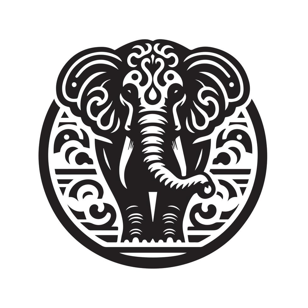 black and white silhouette of an elephant, adorned with intricate mandala patterns. vector