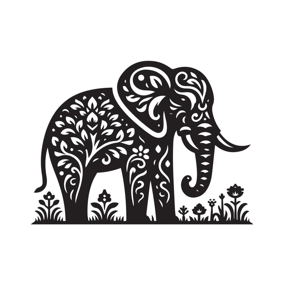 A stylized, black and white graphic of an elephant's head, adorned with intricate, floral and paisley-like patterns in a mandala style. vector