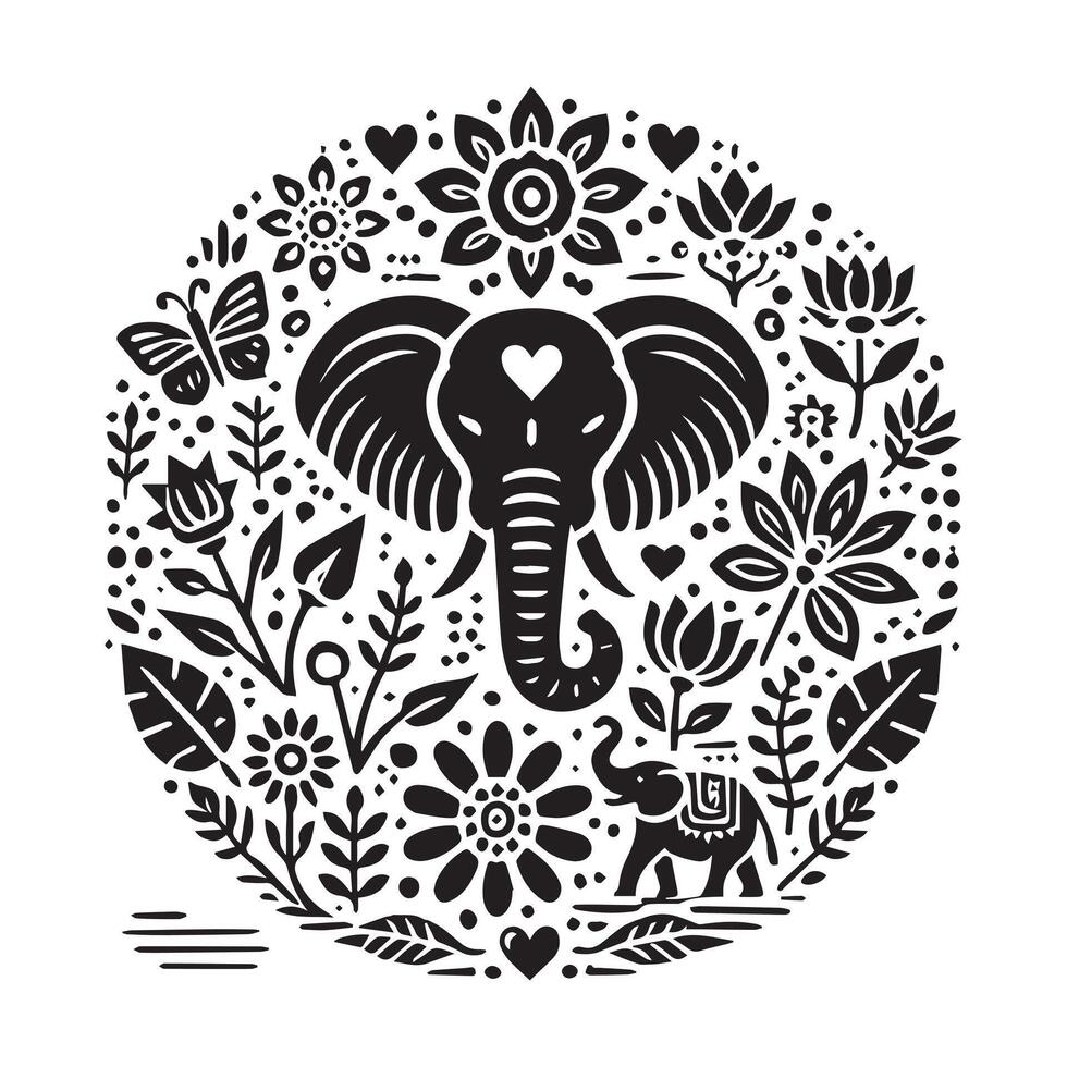 A bold, black and white woodcut-style illustration of an elephant. vector