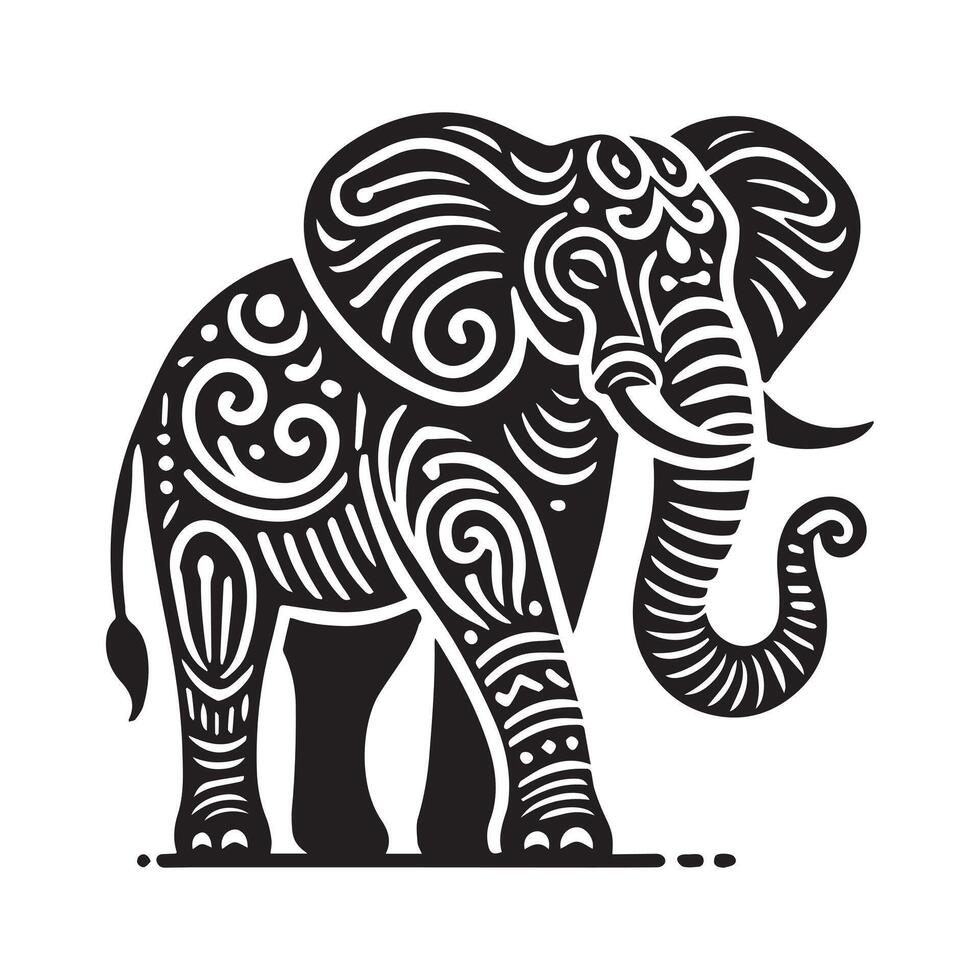A stylized, black and white line art illustration of an elephant against a backdrop of a stylized sunrise sunset scene. vector