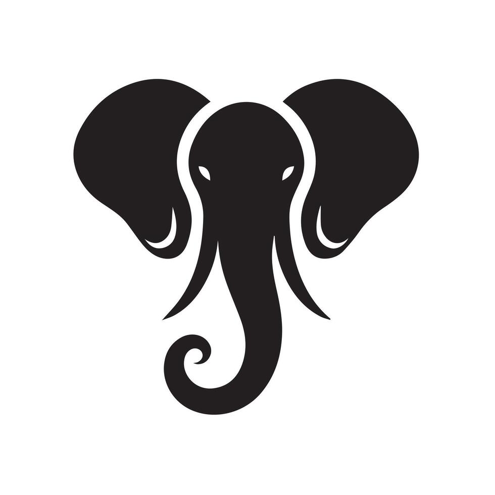 A bold, black silhouette of an elephant's head, set against a stark white background. vector