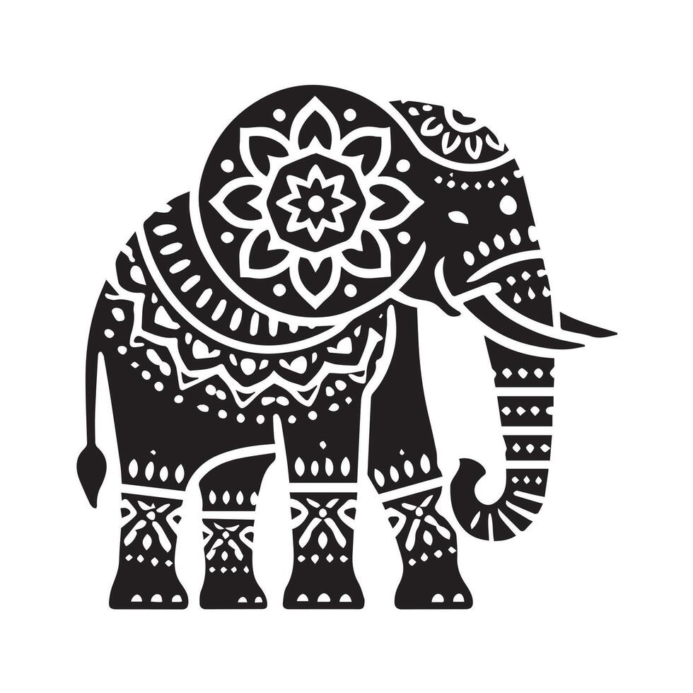This stylized black and white image depicts an intricately decorated elephant, showcasing elaborate henna-inspired patterns and motifs. vector