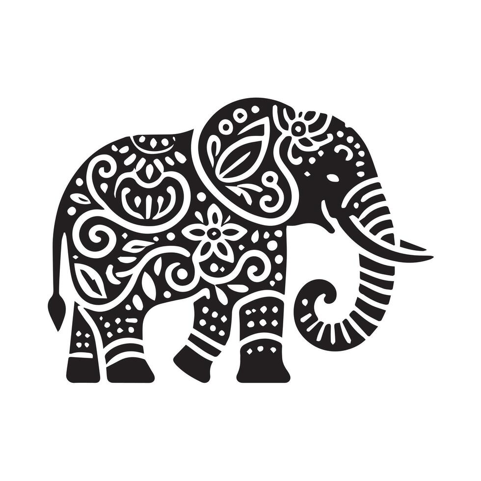 A stylized, black and white illustration of an elephant surrounded by foliage, flowers, and small details like clouds. vector
