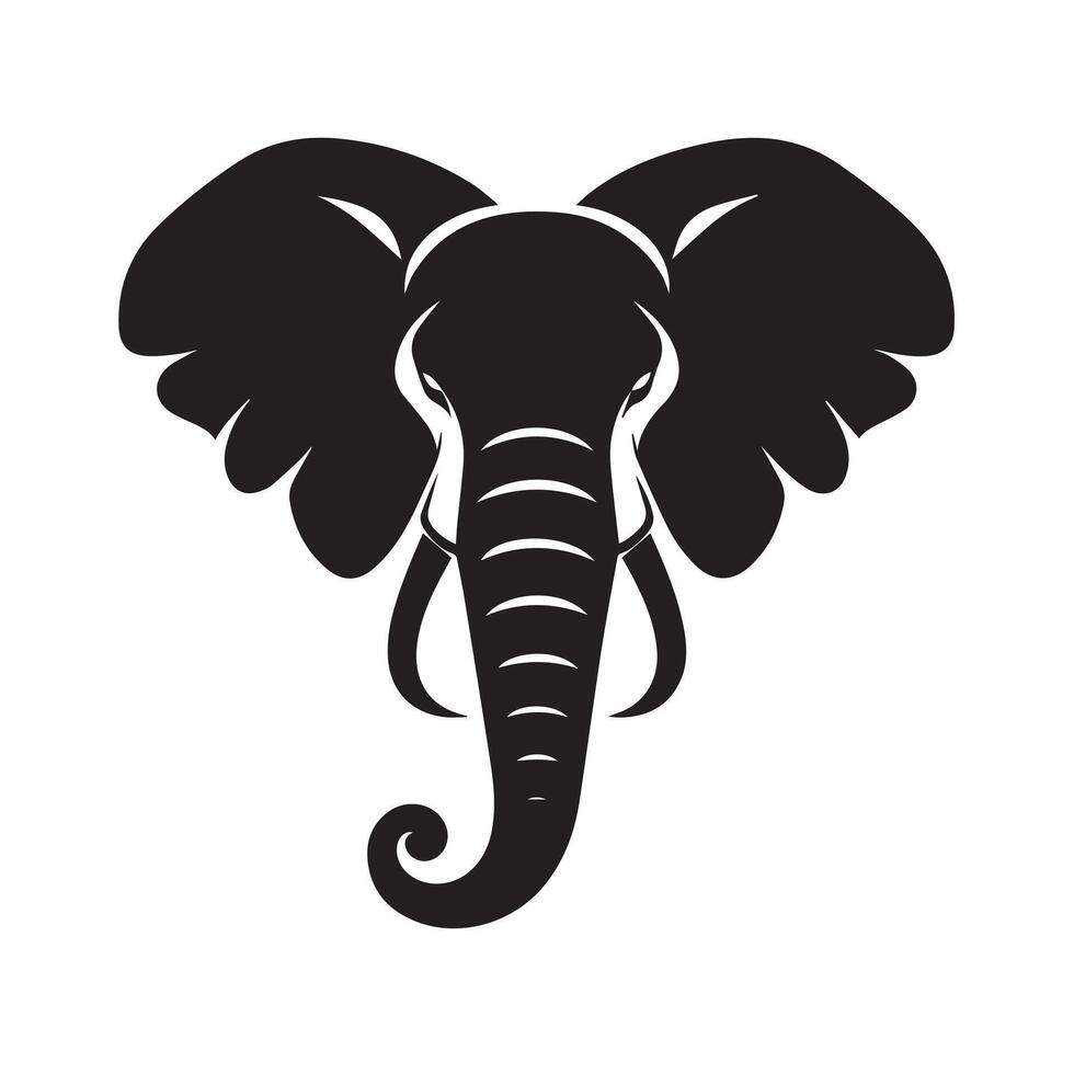 A sophisticated black silhouette of an elephant's head, featuring stylized ears, trunk, and face. vector