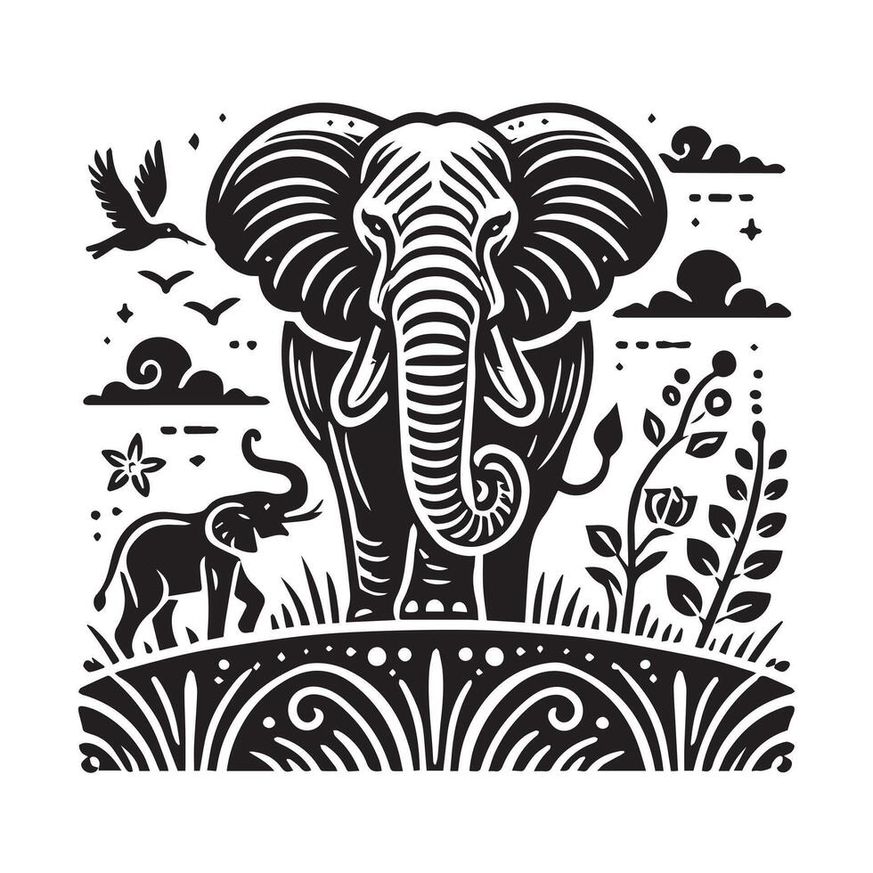 Black and white elephant illustration in a nature setting. vector