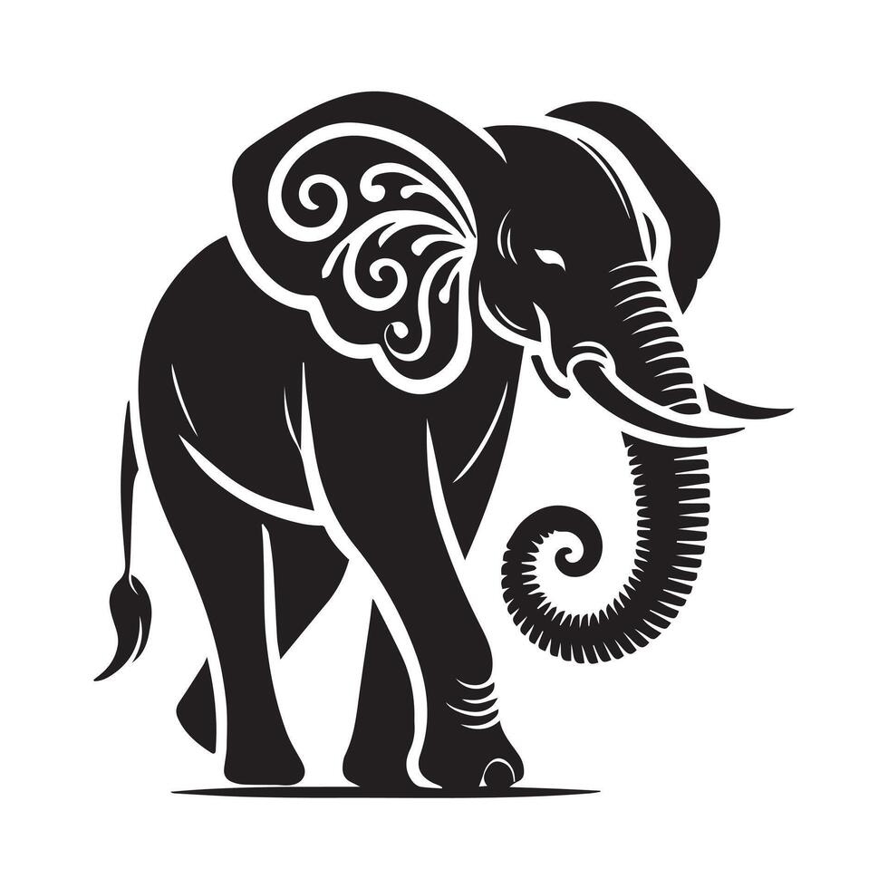A bold, black and white silhouette of an elephant, showcasing intricate details of the trunk, tusks, and body. vector