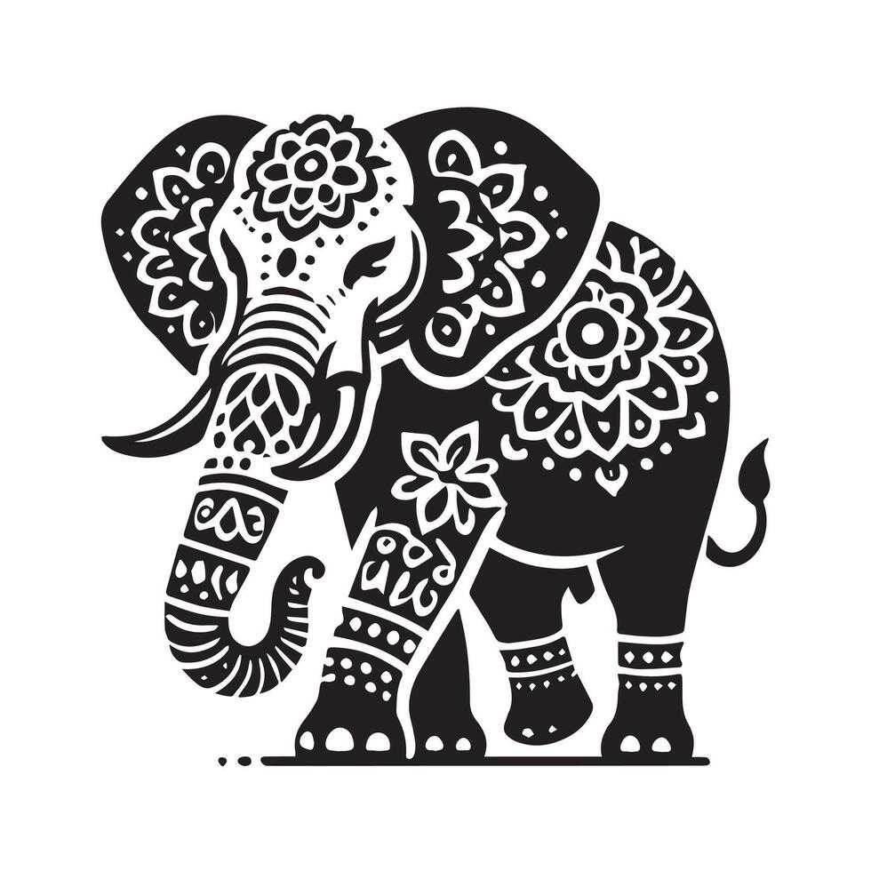 A stylized, black and white graphic design featuring an elephant's head surrounded by various floral and symbolic elements, including flowers, leaves, and a pyramid. vector