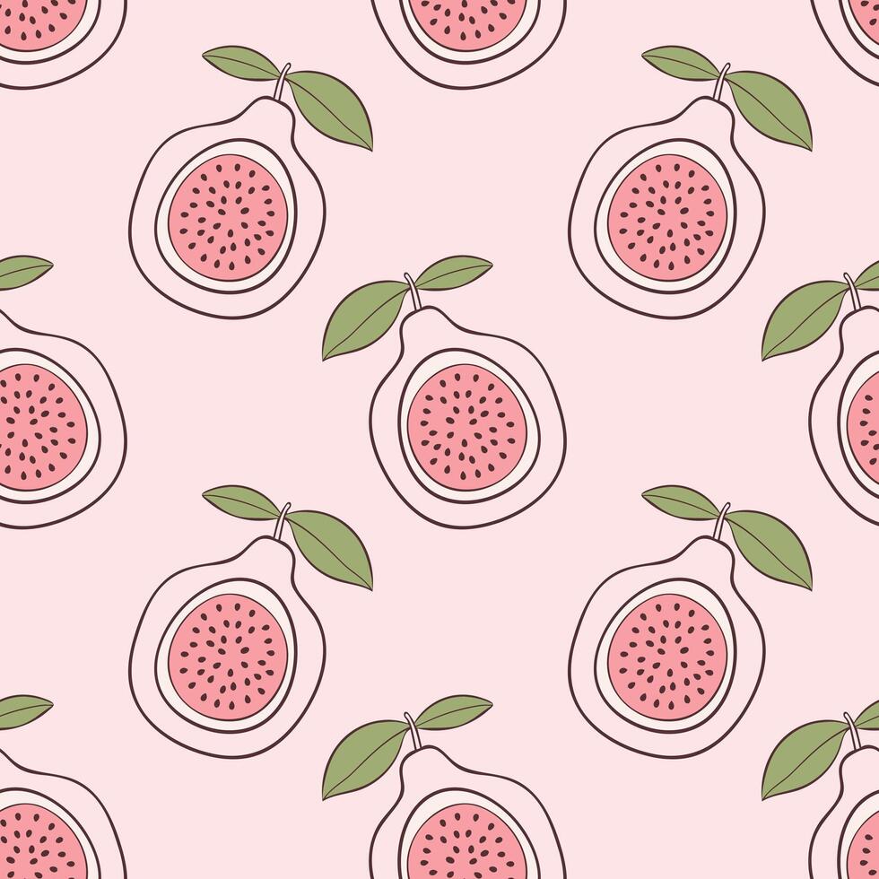 Passion fruit pattern pink color, summer vibes, with leaves, stylized contour drawing. vector