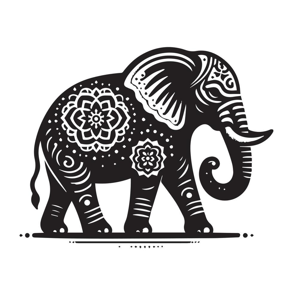 black and white silhouette of an elephant, featuring intricate decorative patterns and floral motifs on its body and head. vector