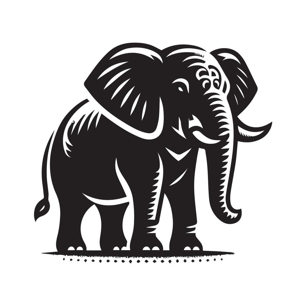 A bold, black and white silhouette of an elephant standing confidently on a surfboard. vector