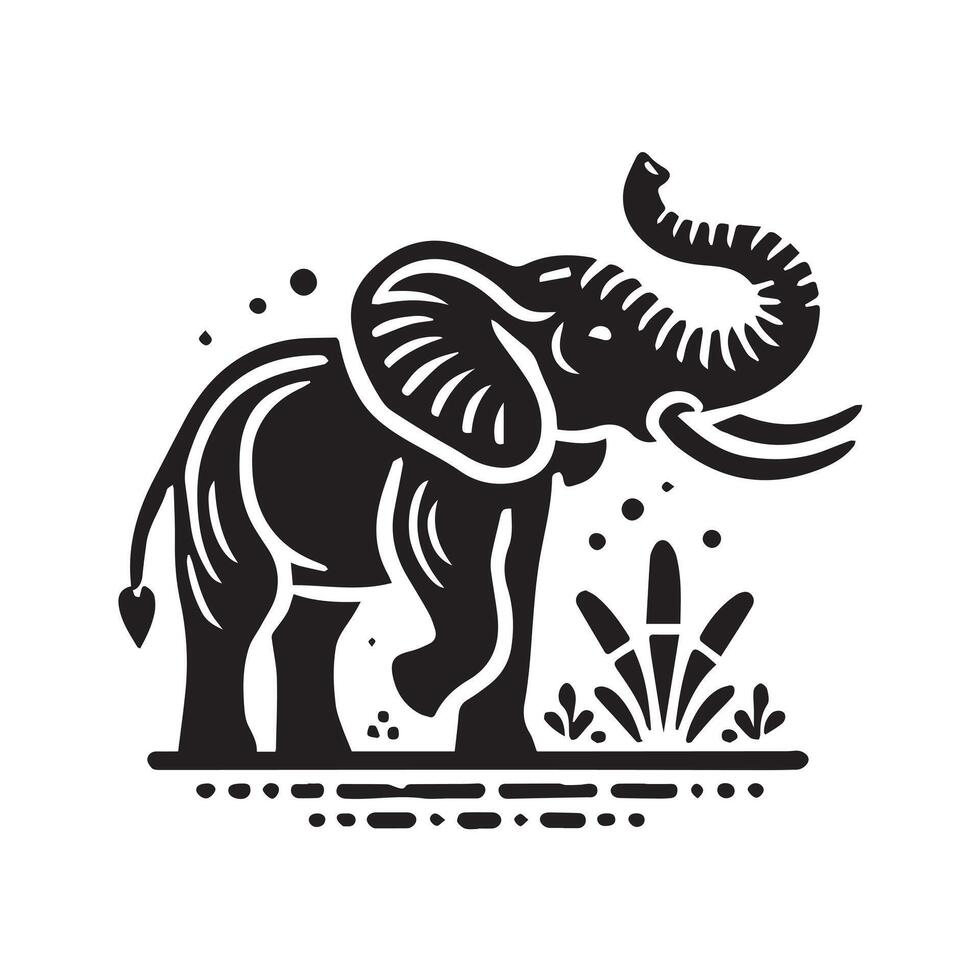 A stylized, black and white silhouette of an elephant with large, decorative wings. vector