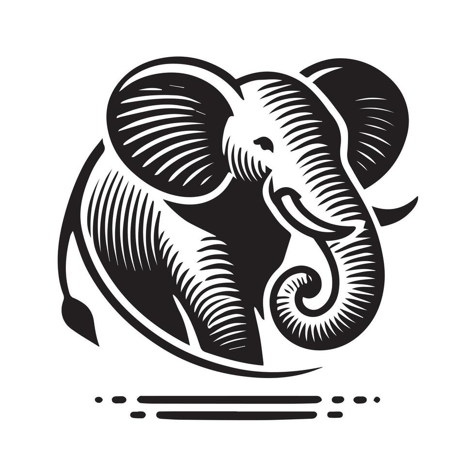 A striking black and white silhouette of an elephant, rendered in a vintage or graphic design style. vector