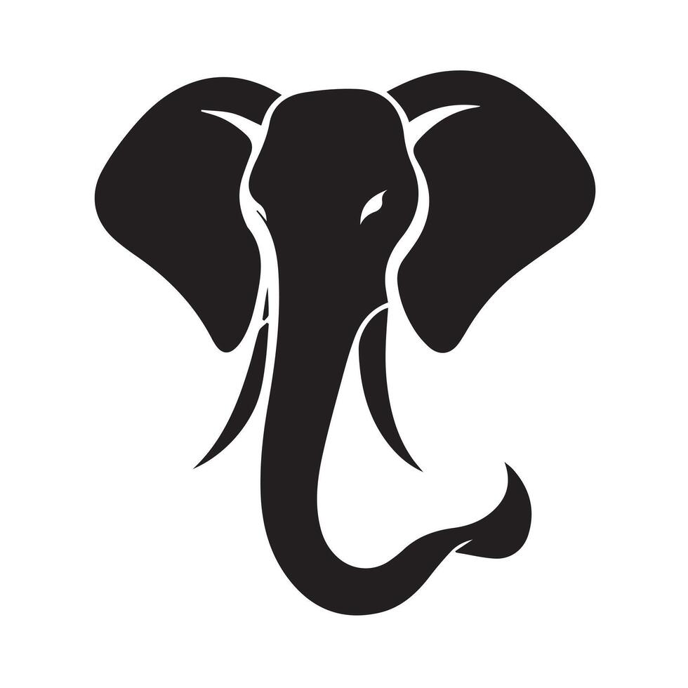 A bold, black silhouette of an elephant, showcasing its majestic form against a plain white background. vector