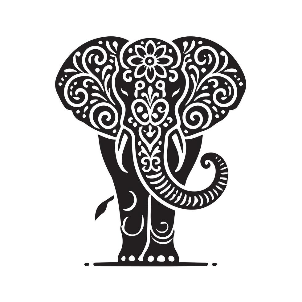 black and white silhouette of an elephant standing on a circular platform. vector