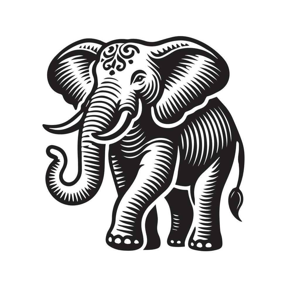 A bold, stylized black and white silhouette of an elephant standing on a circular platform. vector