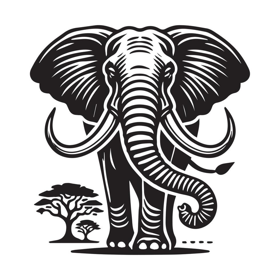 A stylized, black and white silhouette of an elephant, featuring intricate paisley and floral-like patterns decorating its body, trunk, and ears. vector