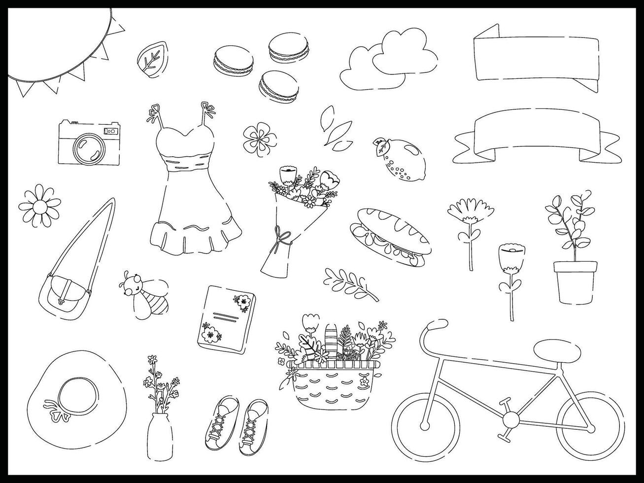 hand drawn flat illustration set of monochrome line spring season holiday. Cute elements doodle collection in flat style. for poster, card, invitation, graphic resource, social media, print vector