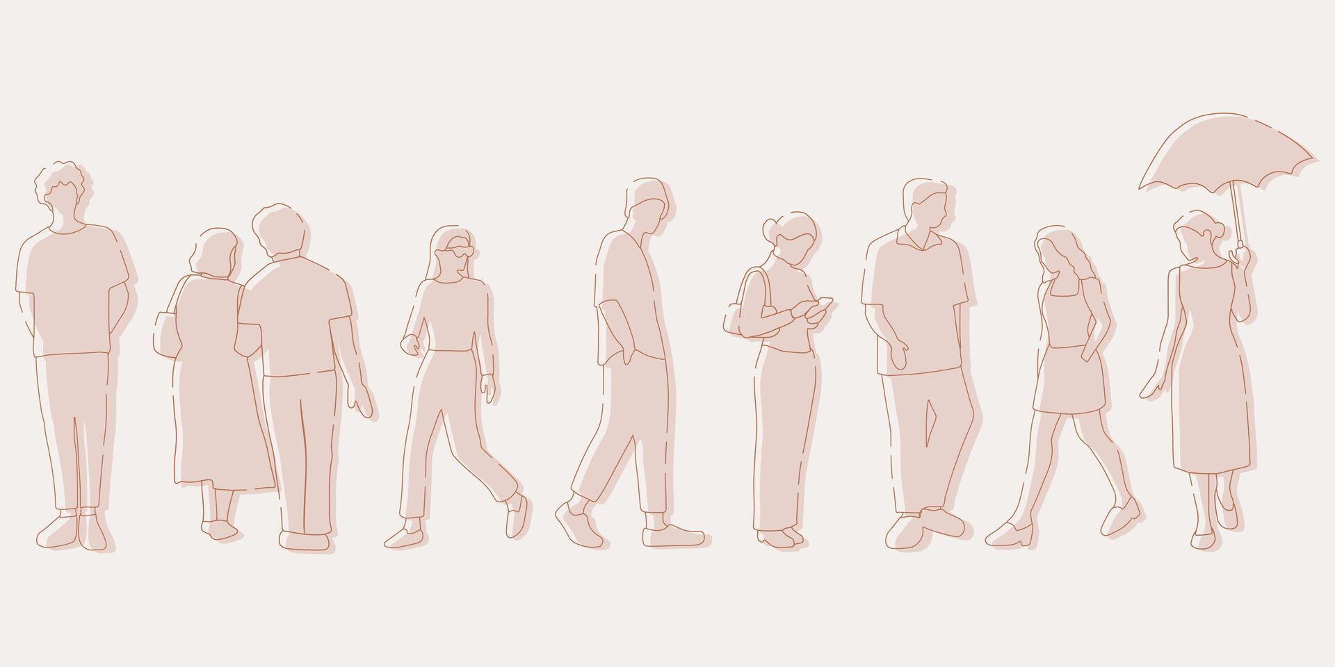 flat minimal people male and female illustration in spring summer clothing concept isolated set collection. Outline with silhouette shadow. For architecture, design, info graphic, media vector
