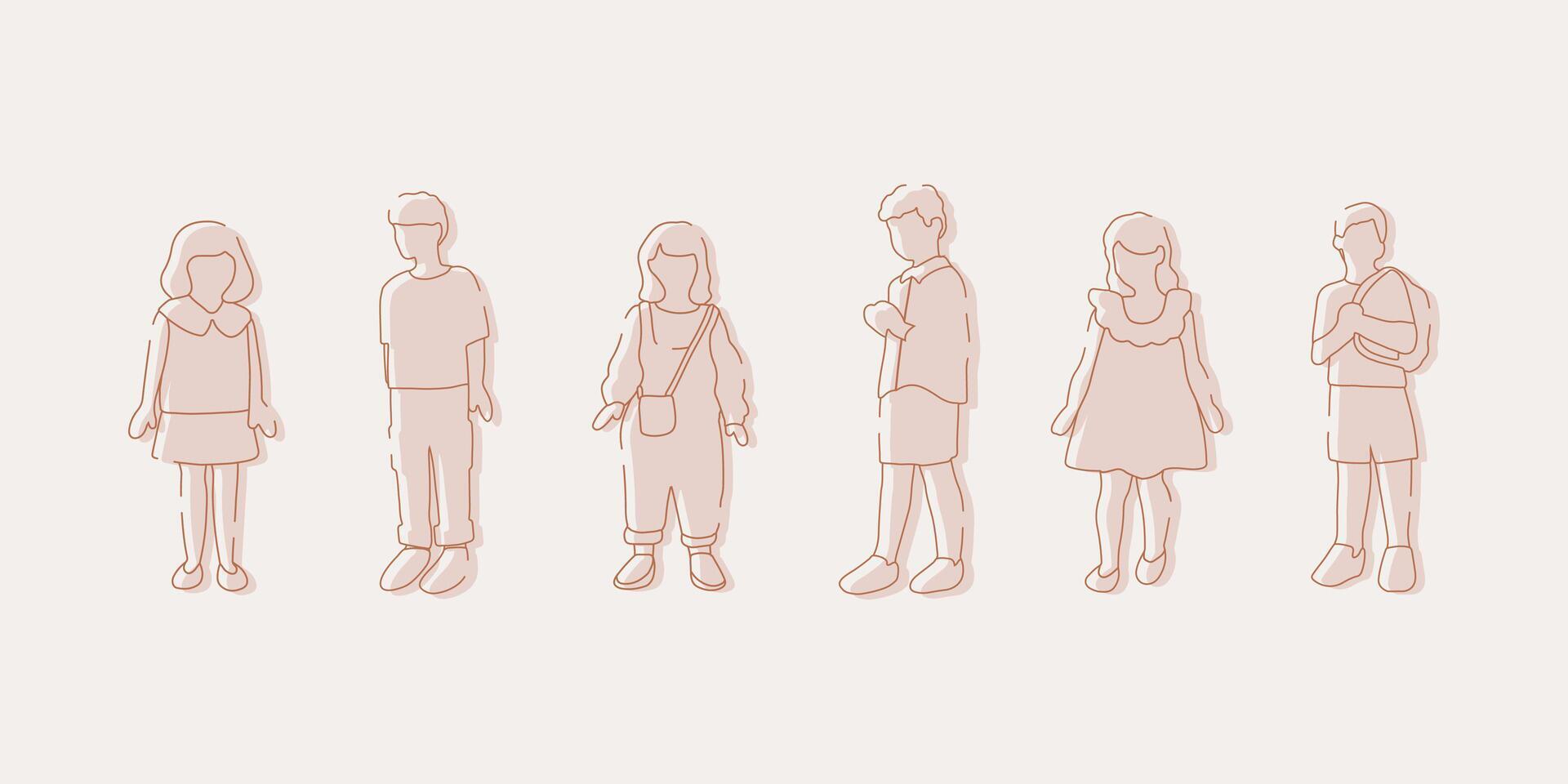 flat minimal children male and female illustration in spring summer clothing concept isolated set collection. Outline with silhouette shadow. For architecture, design, info graphic, media vector