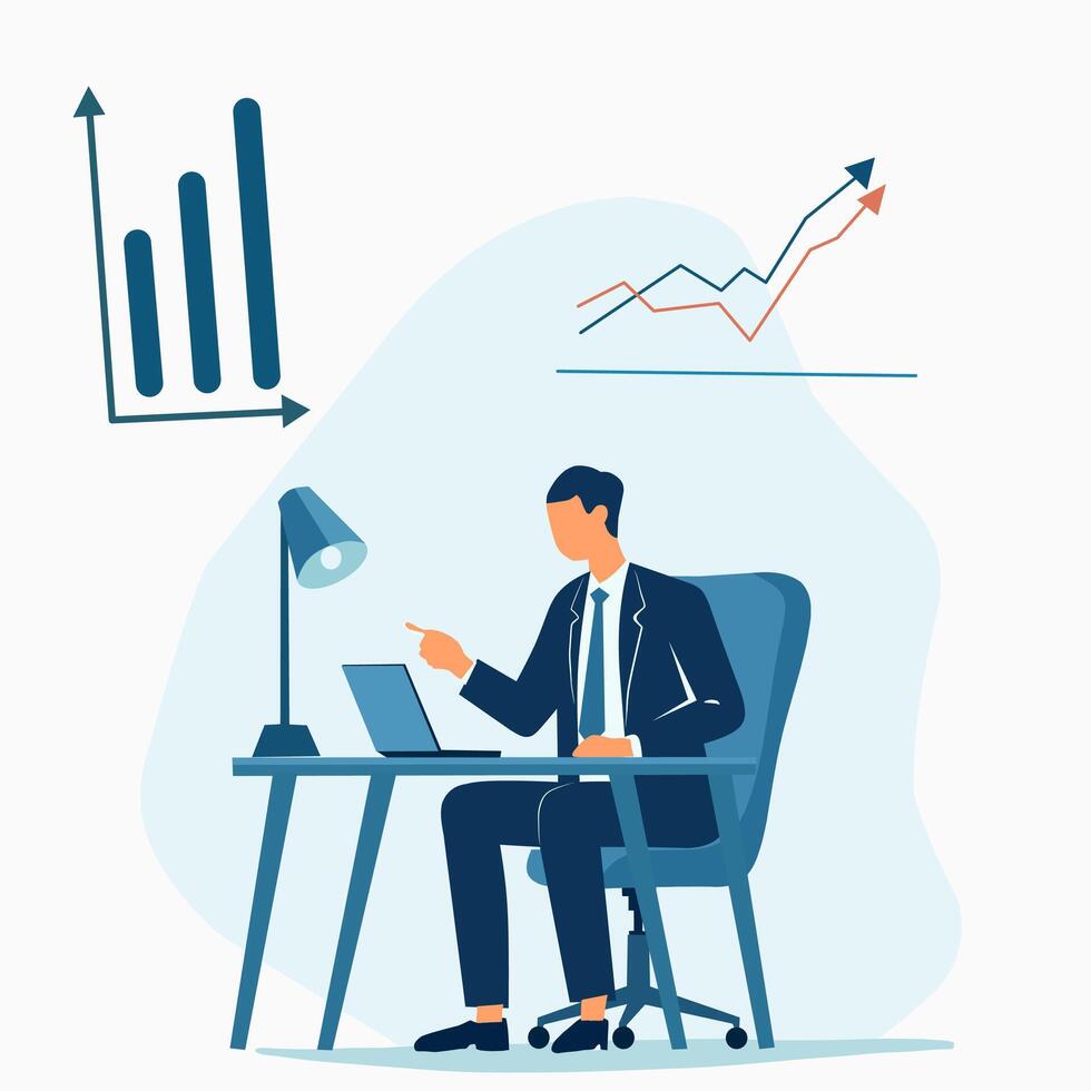 An illustration of a businessman sitting at a desk analyzing data with charts and graphs displayed in the background, symbolizing data analysis and professional work vector