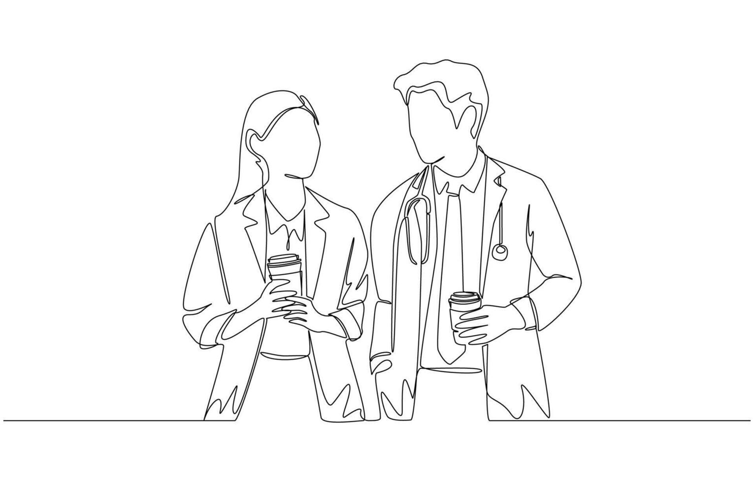 Continuous one line drawing of group of male and female doctors talking together while holding cup of coffee, medical team and coffee break concept, single line art vector