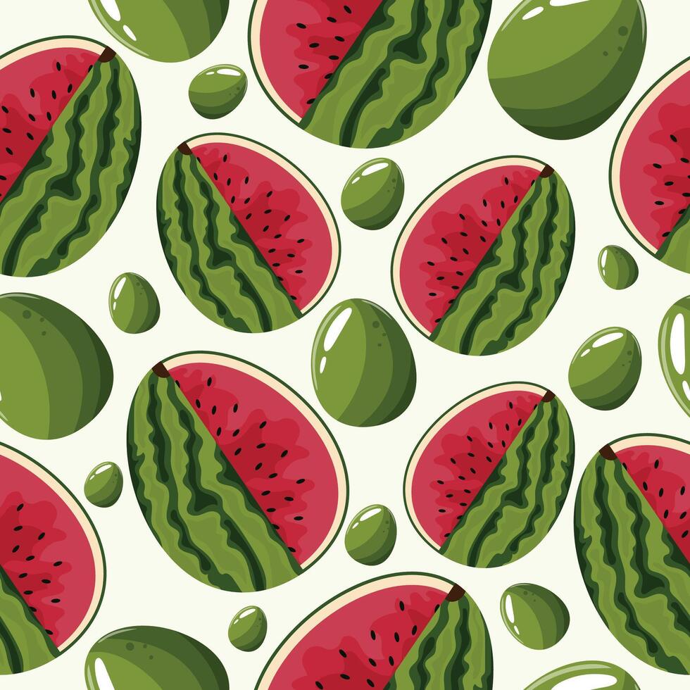 Easter seamless pattern with decorated eggs with juicy watermelon and green eggs for holiday poster, textile or packaging vector