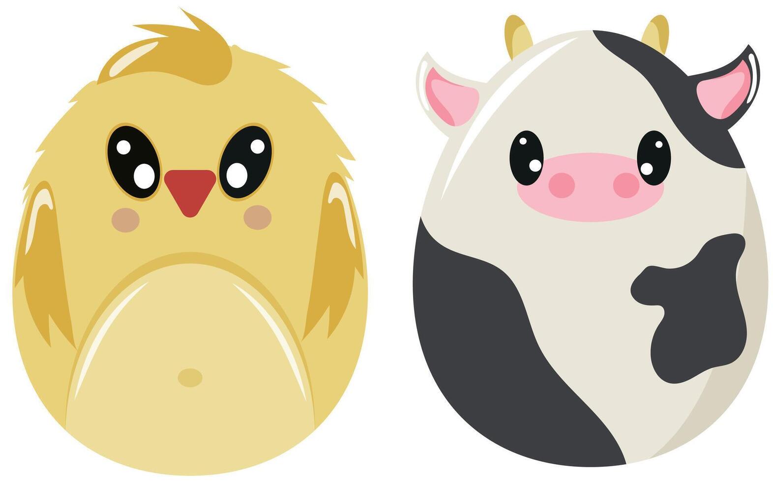 set of Easter egg templates painted with animal motifs, i.e. painted in the form of a cow and a chicken, for posters, banners or holiday cards vector