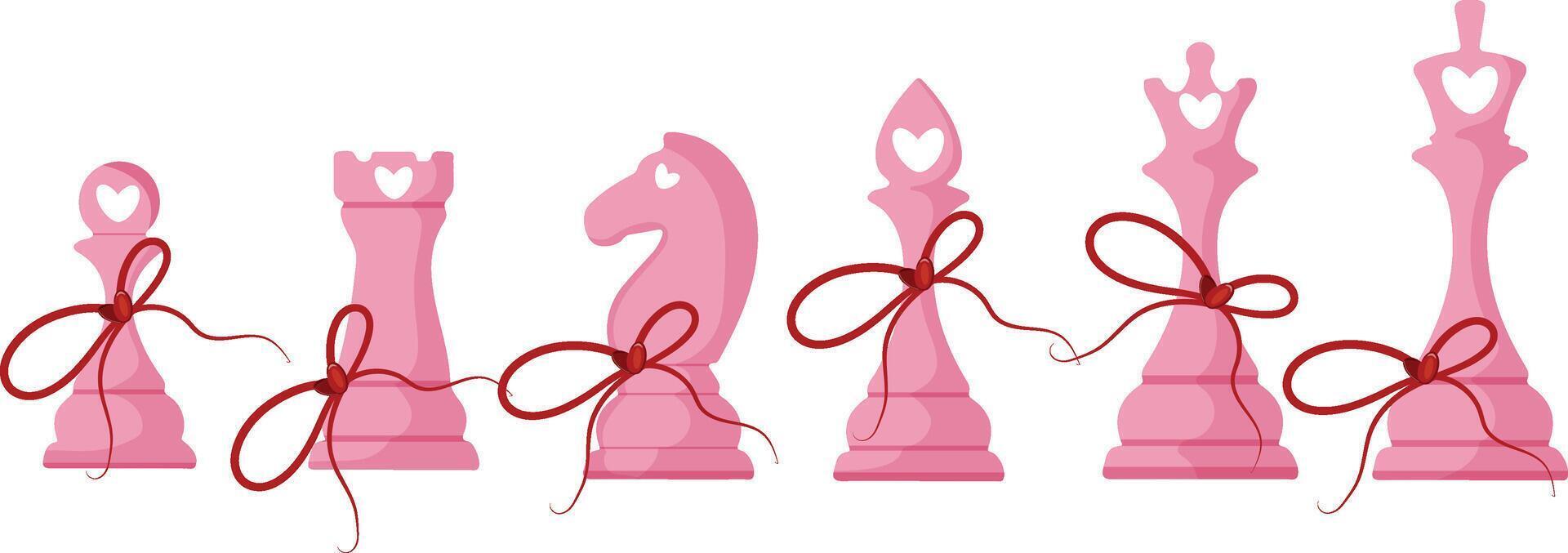 set of pink chess pieces with red ribbon and red hearts for Valentine's Day vector