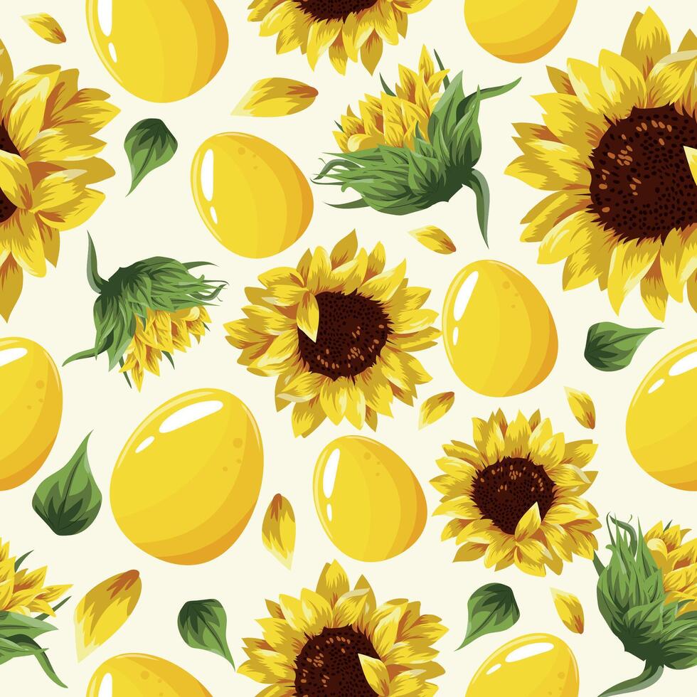 Easter seamless festive pattern with yellow sunflower buds and yellow eggs on a pink background, for posters, banners or holiday cards vector