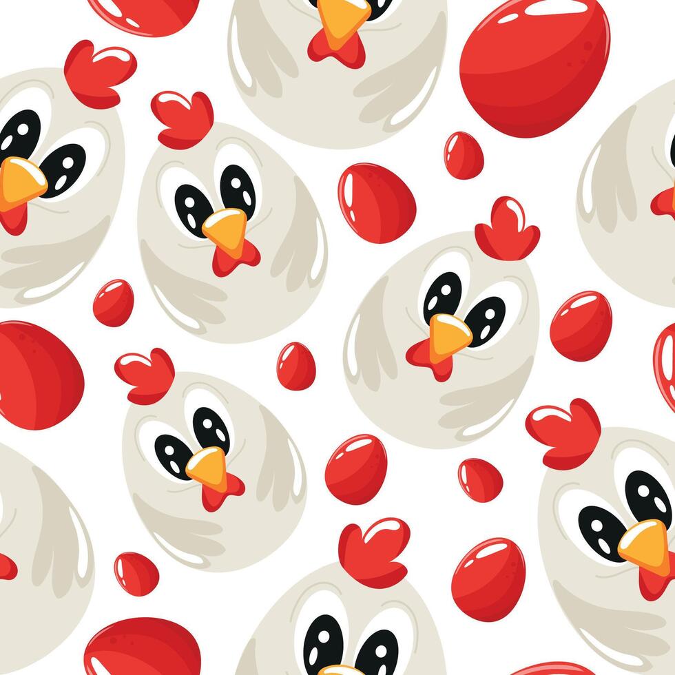 Easter seamless pattern with decorated eggs with rooster and red eggs for holiday posters, textiles or packagin vector