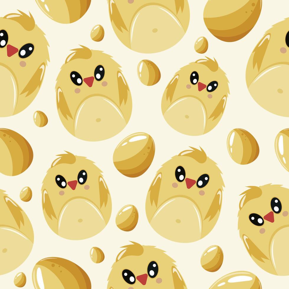 Easter seamless pattern with decorated eggs with yellow chickens and yellow eggs for holiday posters, textiles or packaging vector