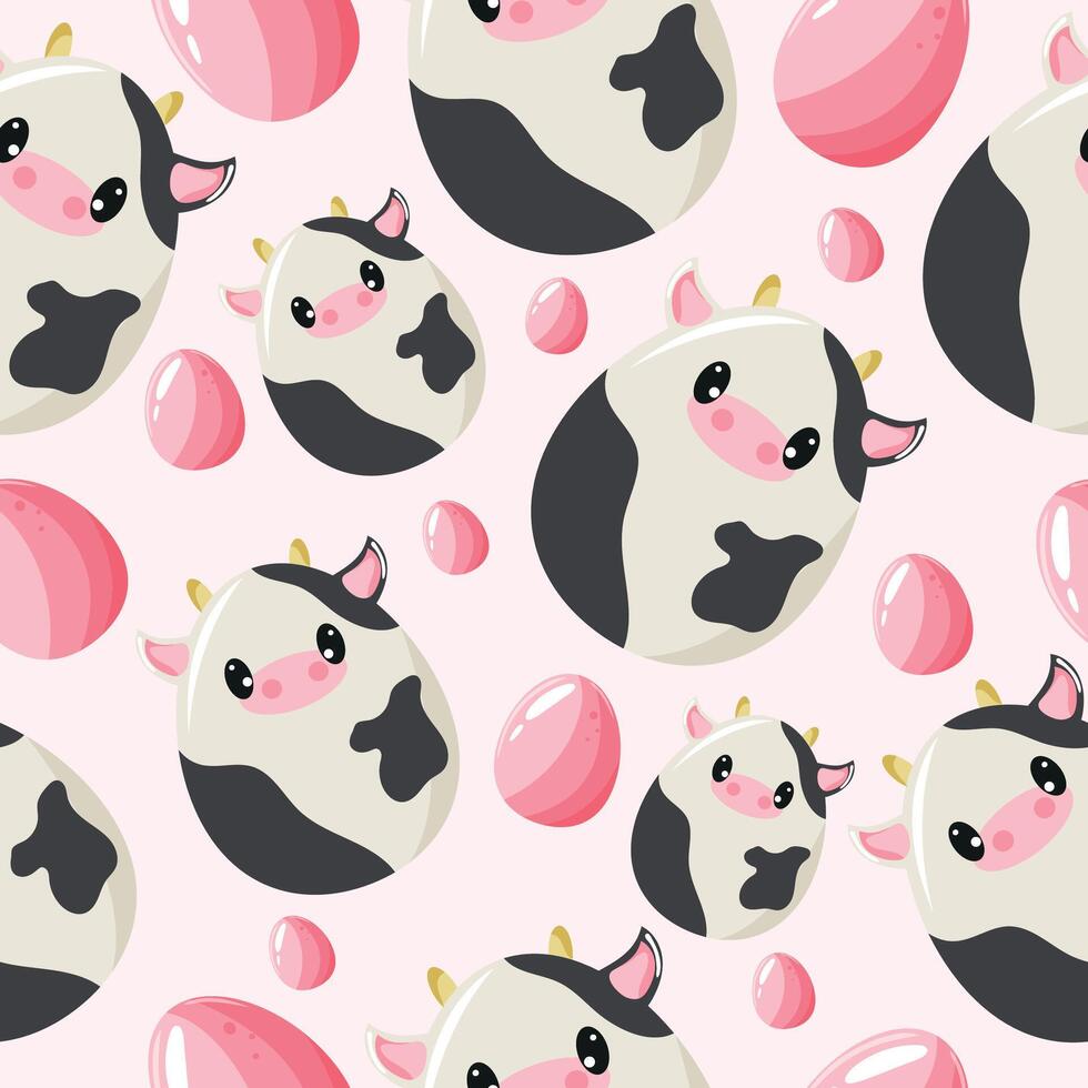 Easter seamless pattern with decorated eggs with white cows and pink eggs for holiday poster, textile or packaging vector