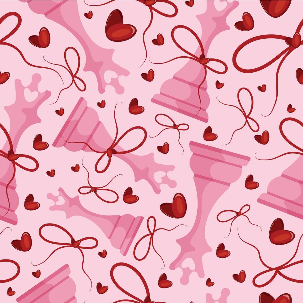 valentines day seamless pattern with chess pieces namely pink queen with red bow and red hearts on a pink background, for patterns, textile or packaging vector