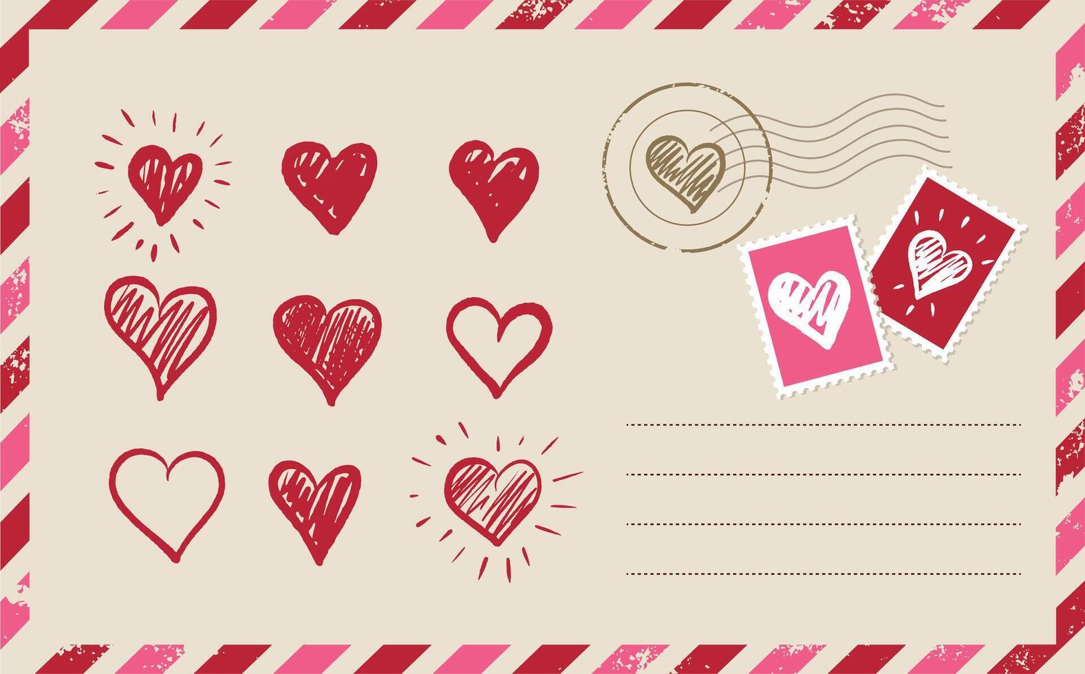 Postcard, mail with Heart set, hand drawn. Valentines day vector