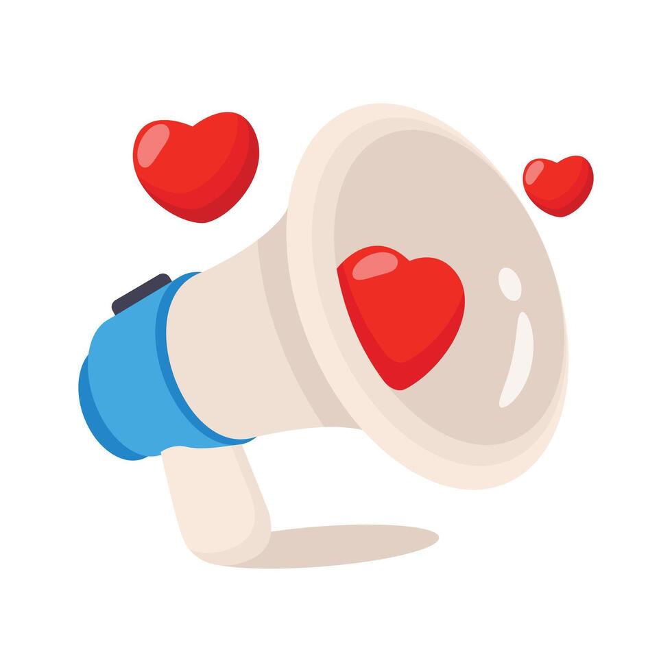 Megaphone with hearts, concept icon of spreading love and positive messages. vector