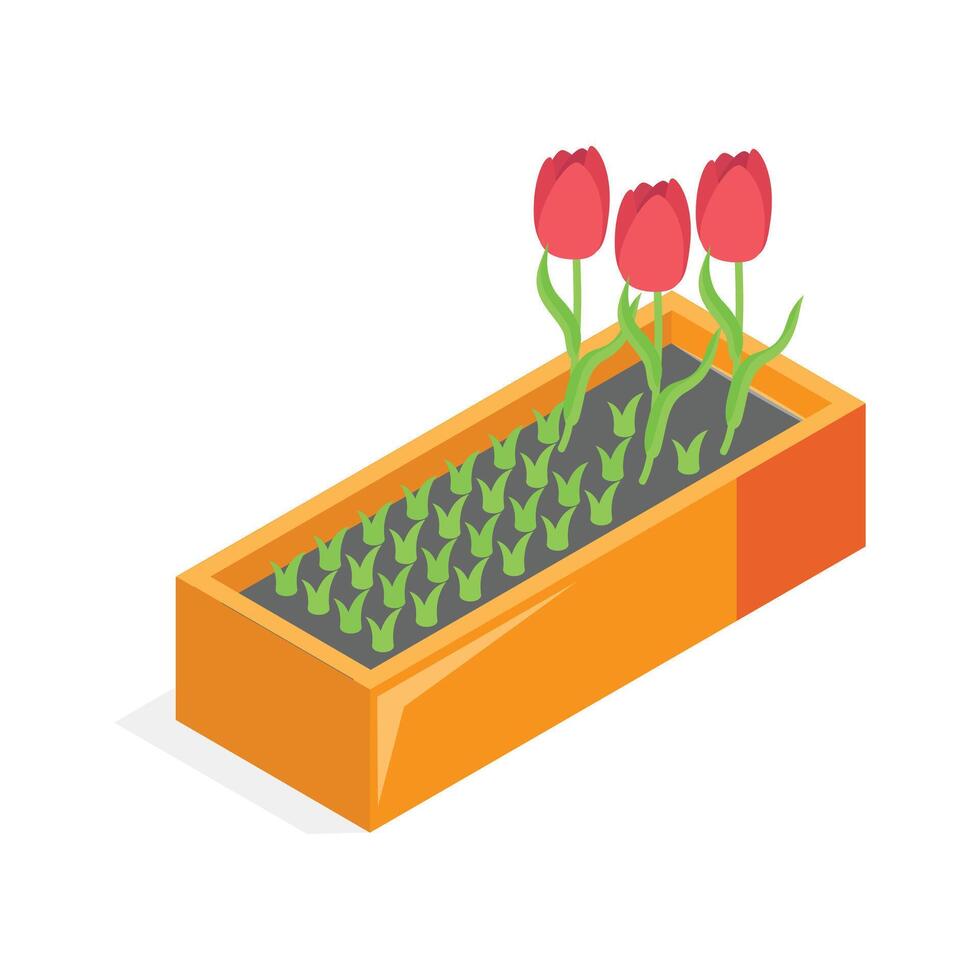 An isometric icon of a potted plant with two bright orange flowers ,, vector