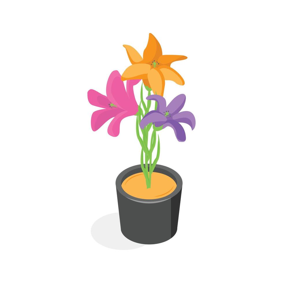 An isometric icon of a potted plant with two bright orange flowers .', vector