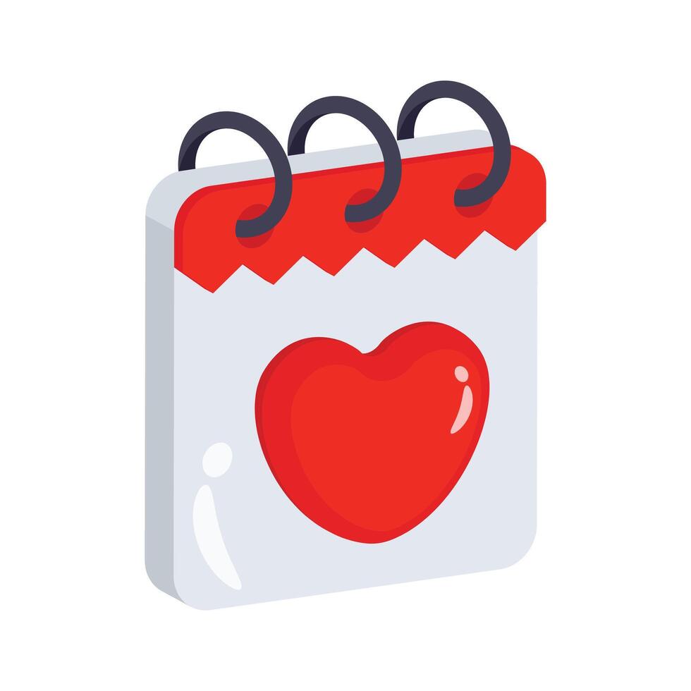 Calendar page featuring a red heart, symbolizing love days.. vector