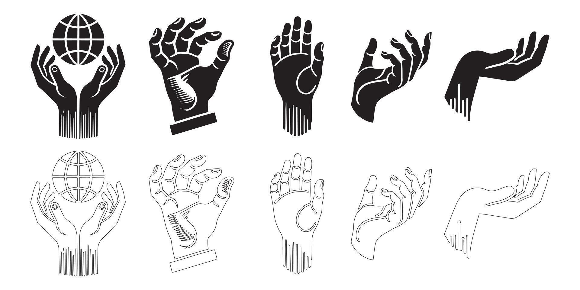 Diverse Hand Gestures Holding Earth, a Collection of Black and White Illustrations vector